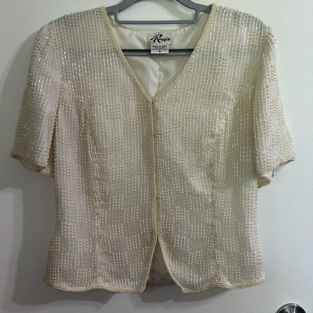 Reggio Women's Off White Beaded 100% Silk Top